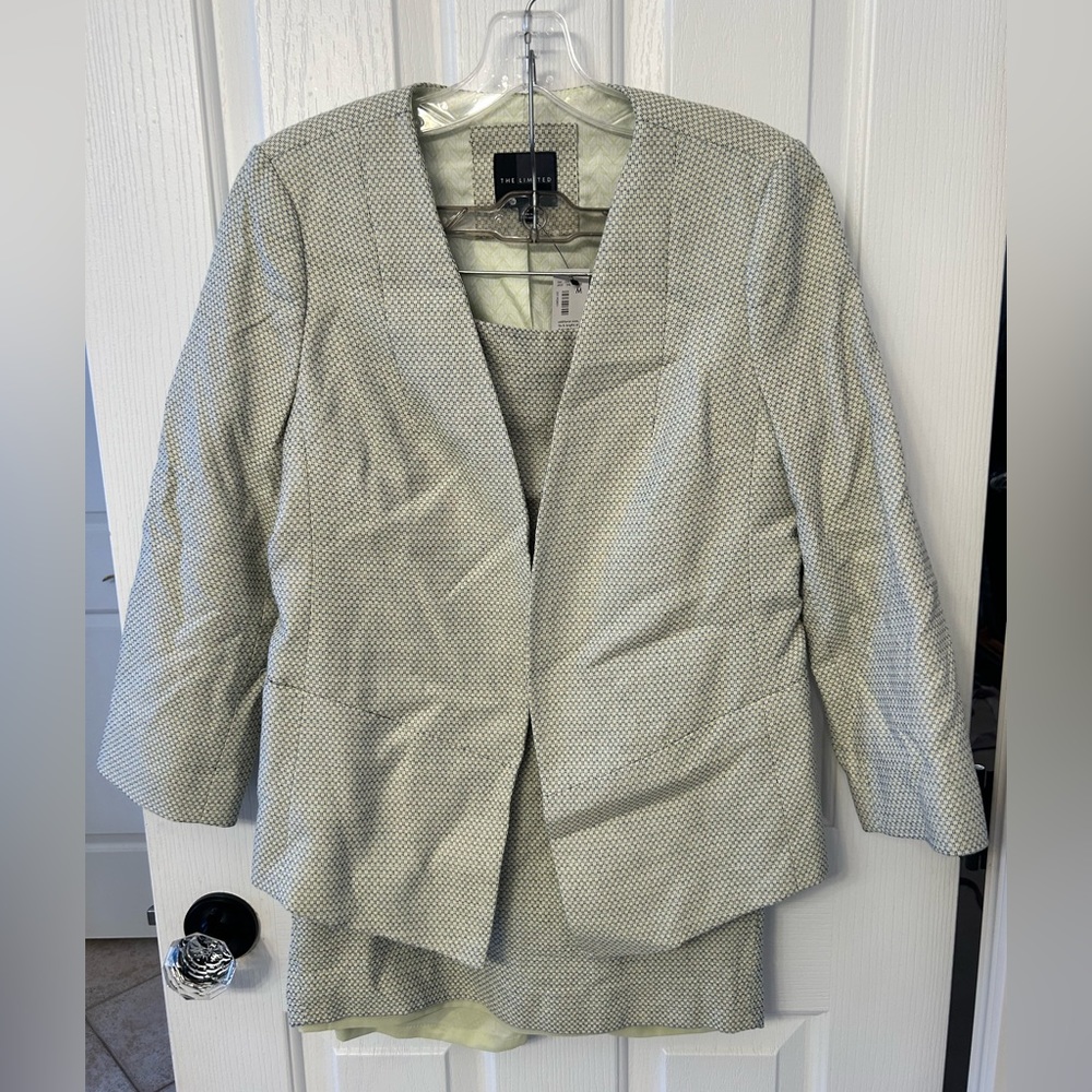 The Limited lime green and blue suit set. Jacket medium, skirt size 6.